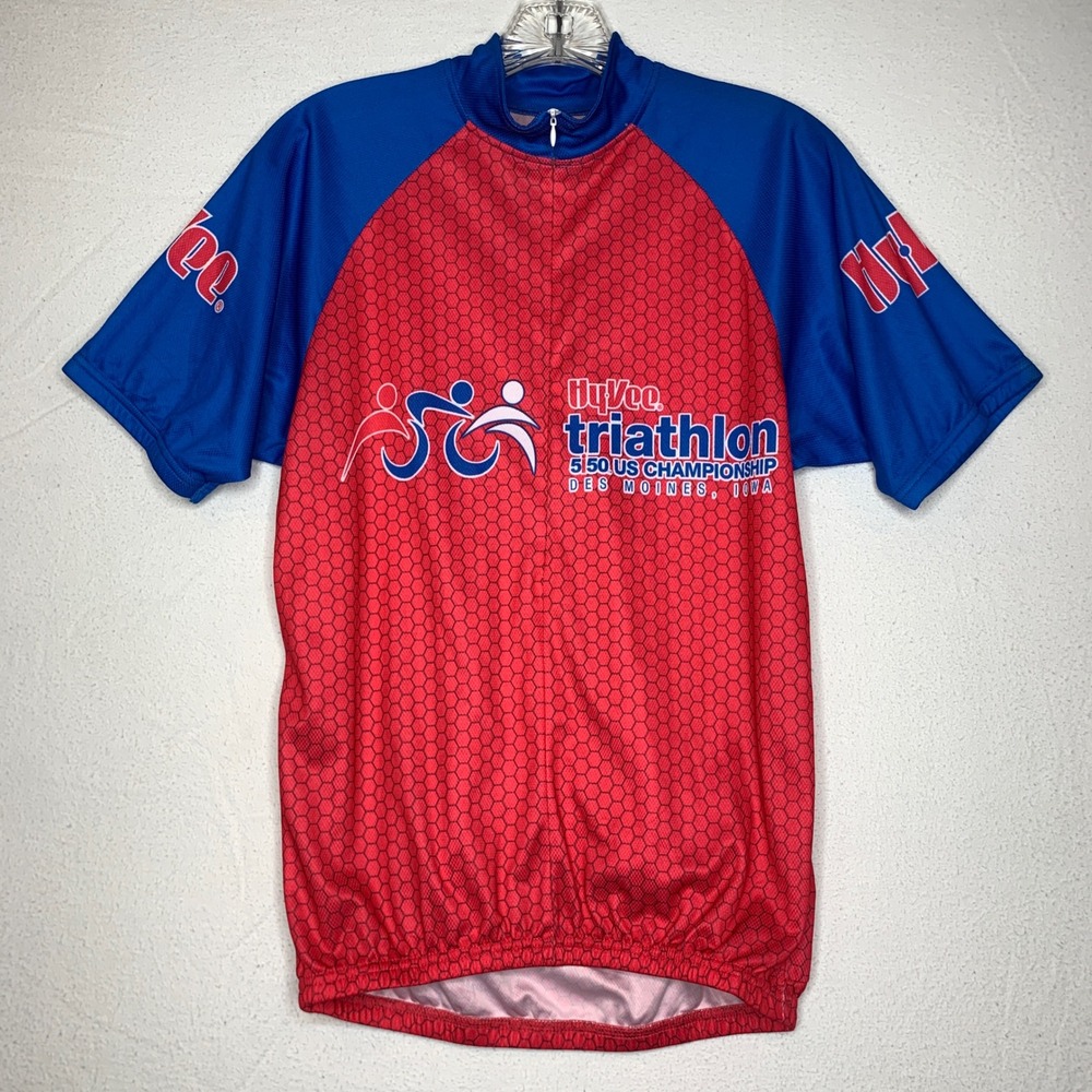 Hyvee Men's Cycling Shirt S Red Blue 1/2 Zip Short Sleeve Triathalon